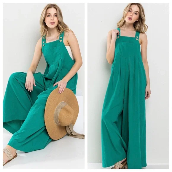 05 Solid Linen Blend Three Buttons Adjustable Strap Jumpsuit - Picture 2 of 5